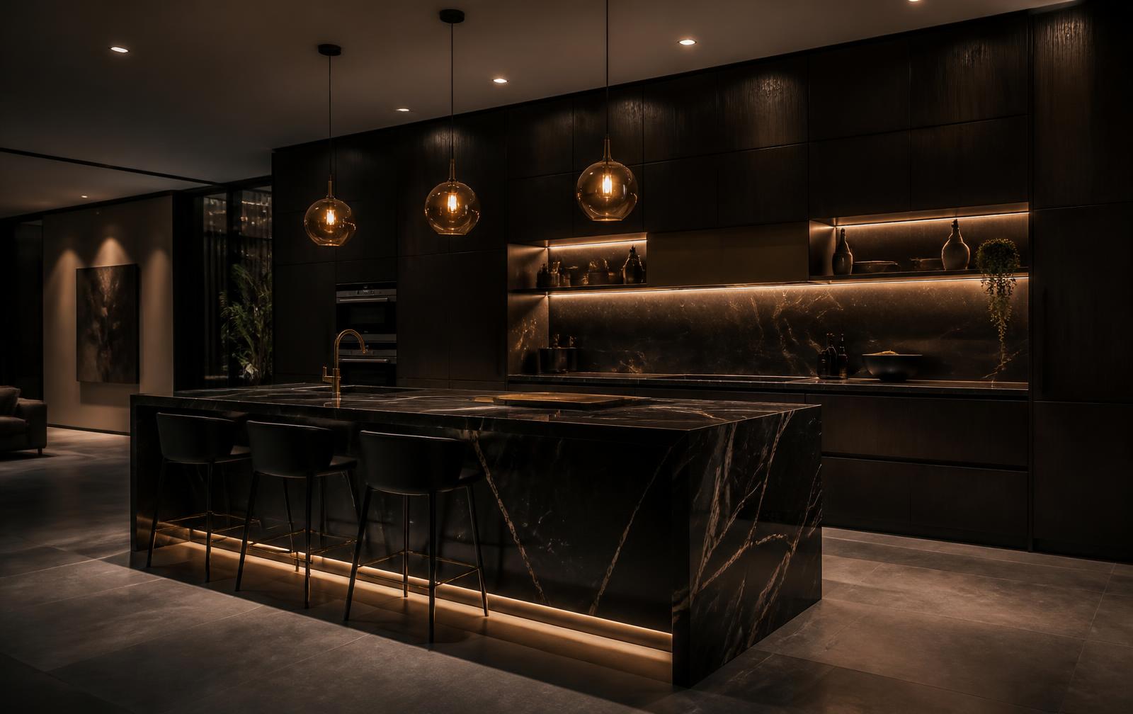 Dark cinematic kitchen interior of a luxury home