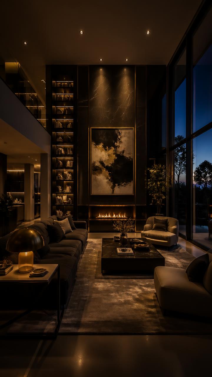 Vertical cinematic property video frame of a luxury living room